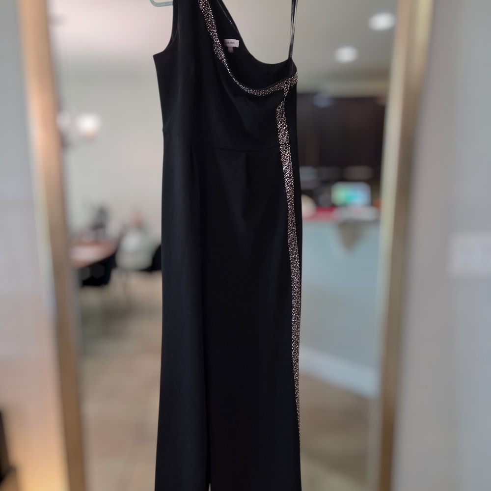 Calvin Klein Black Strapless Gown with Silver Beaded Trim